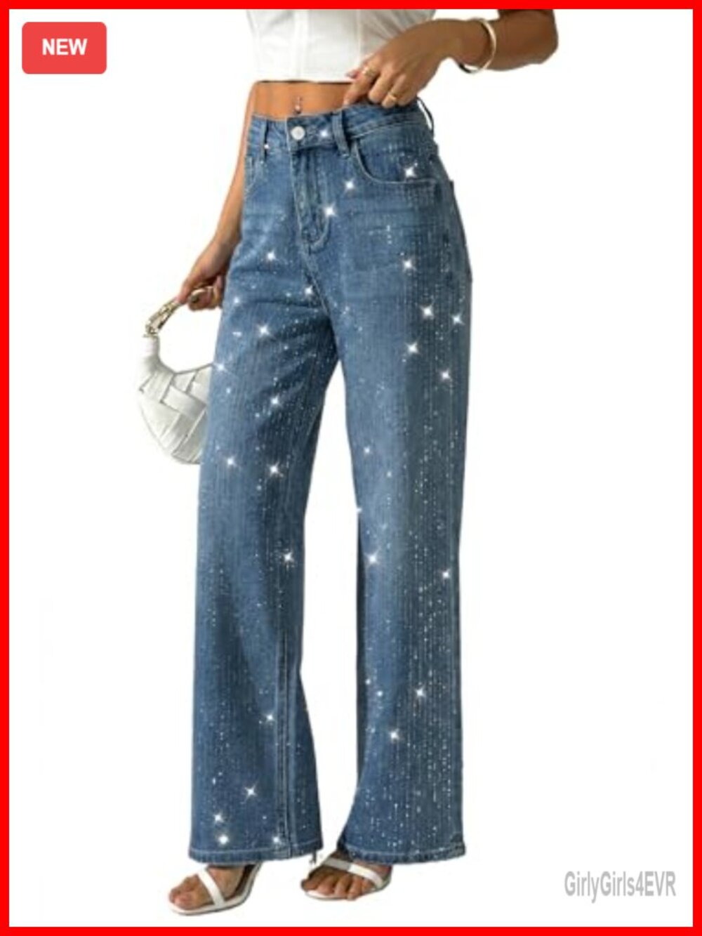 Rhinestone Sequin Wide Leg High Waist Jeans Sparkle Party Denim Pants